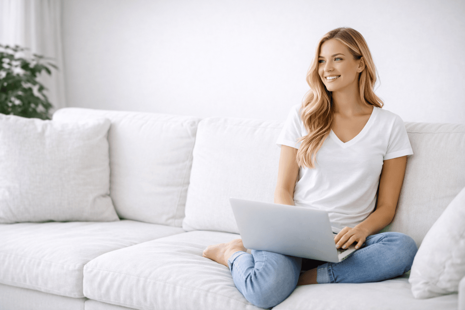 Frau arbeitet entspannt am Laptop
